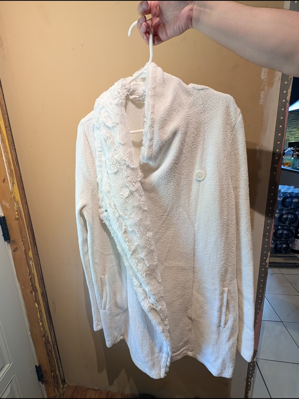 BB Dakota White Faux Fur Trim Shawl Collar Cardigan